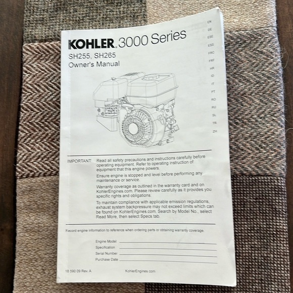 KOHLER 3000 Series SH255, SH265 Owners Manual - Picture 1 of 3